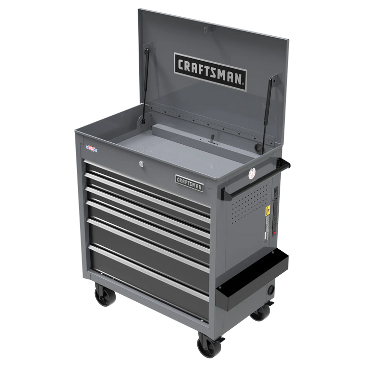 A gray metal tool chest on wheels with multiple drawers and a top compartment, featuring the CRAFTSMAN logo on the front and inside the open lid.