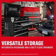 Craftsman CMSTUC06GB black tool chest with pegboard and six soft-close drawers in a garage setting.