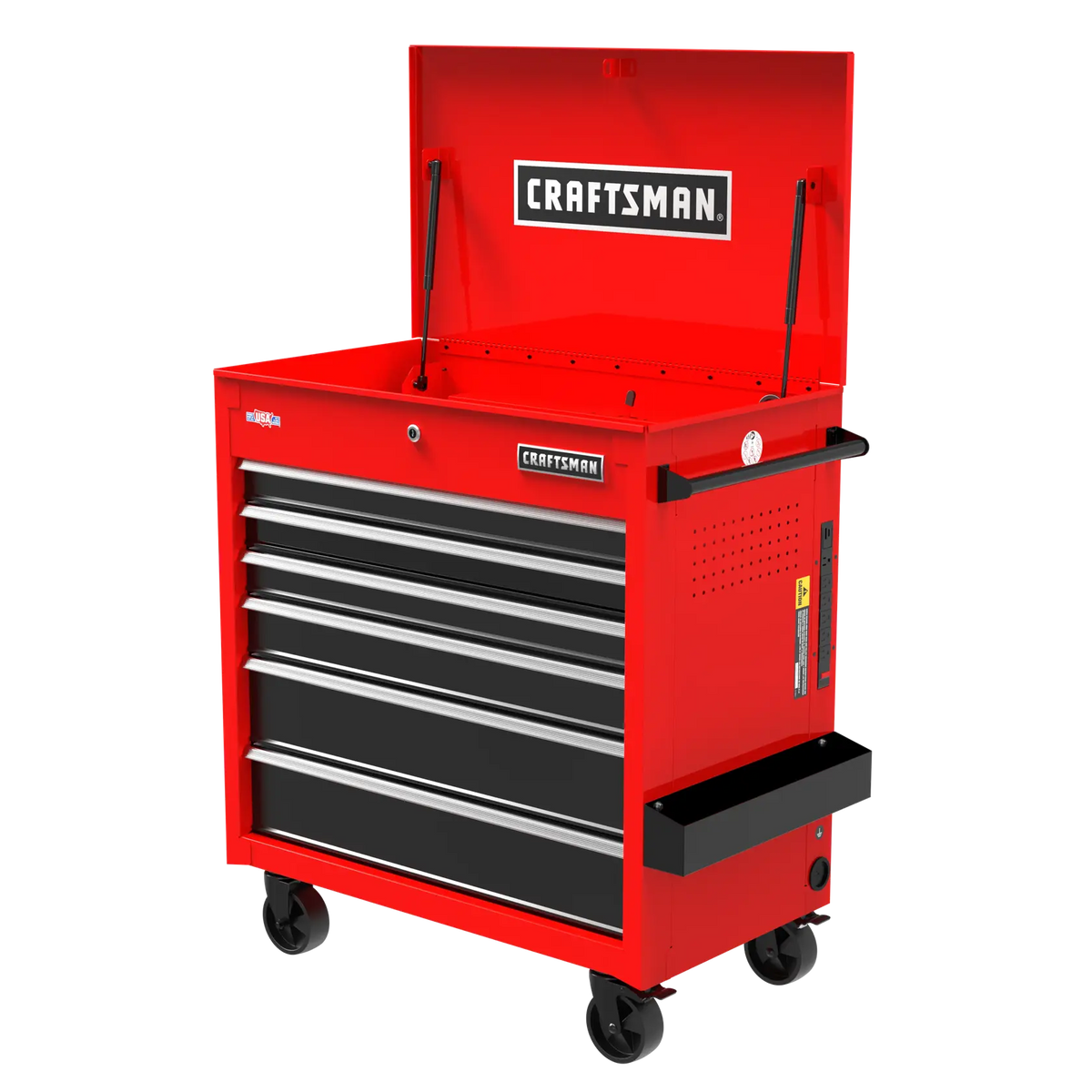 A red rolling tool chest with multiple drawers and an open top compartment labeled 'CRAFTSMAN.' The tool chest is on caster wheels and has a side handle for mobility.