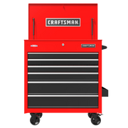 A red rolling tool chest with multiple black drawers and a top compartment, branded with the word 'CRAFTSMAN.' The tool chest has four wheels, making it portable.