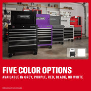 CRAFTSMAN CMSTUC06WB tool chests in black, purple, grey, red, and white, shown in a garage setting.