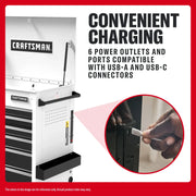 Craftsman tool chest CMSTUC06WB in white showing 6 power outlets and USB-A and USB-C charging ports, close-up of hand plugging in USB.