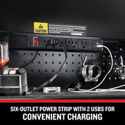 Craftsman six-outlet power strip with two USB ports, model CMSTVS4108BK, mounted on a black pegboard in a workshop.