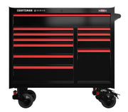 A large black Craftsman tool chest with multiple red-accented drawers and sturdy caster wheels, designed for organizing and storing tools.