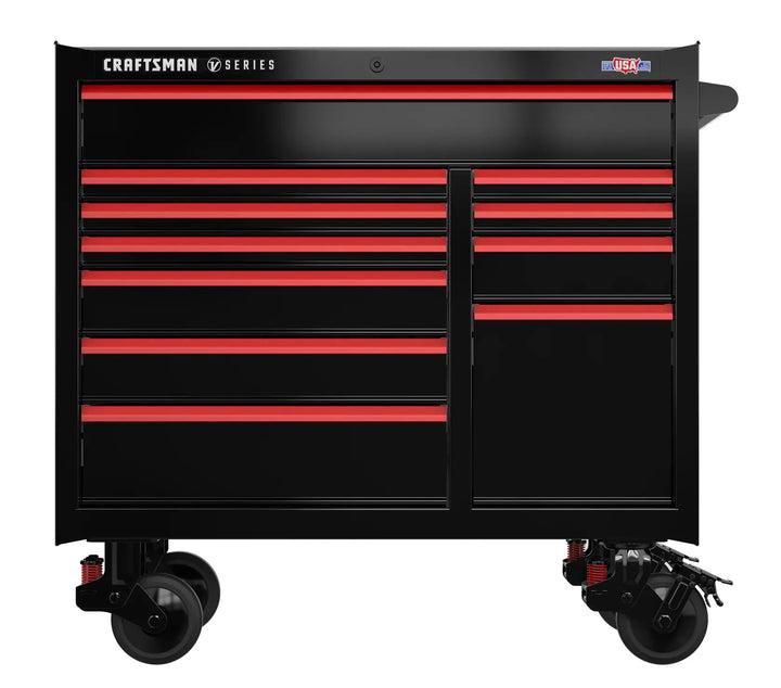 A large black Craftsman tool chest with multiple red-accented drawers and sturdy caster wheels, designed for organizing and storing tools.