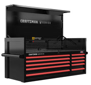 A large black and red tool chest with multiple drawers and a hinged lid, branded with CRAFTSMAN V Series. The chest includes a pegboard back panel and a power strip.