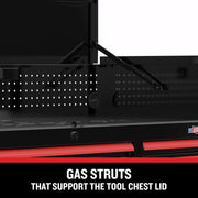 Photo of Craftsman CMSTVS5210BK tool chest showing black gas struts supporting the lid, close-up interior view.