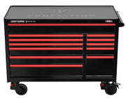 A black and red Craftsman tool chest with multiple drawers and caster wheels, designed for tool storage and organization.