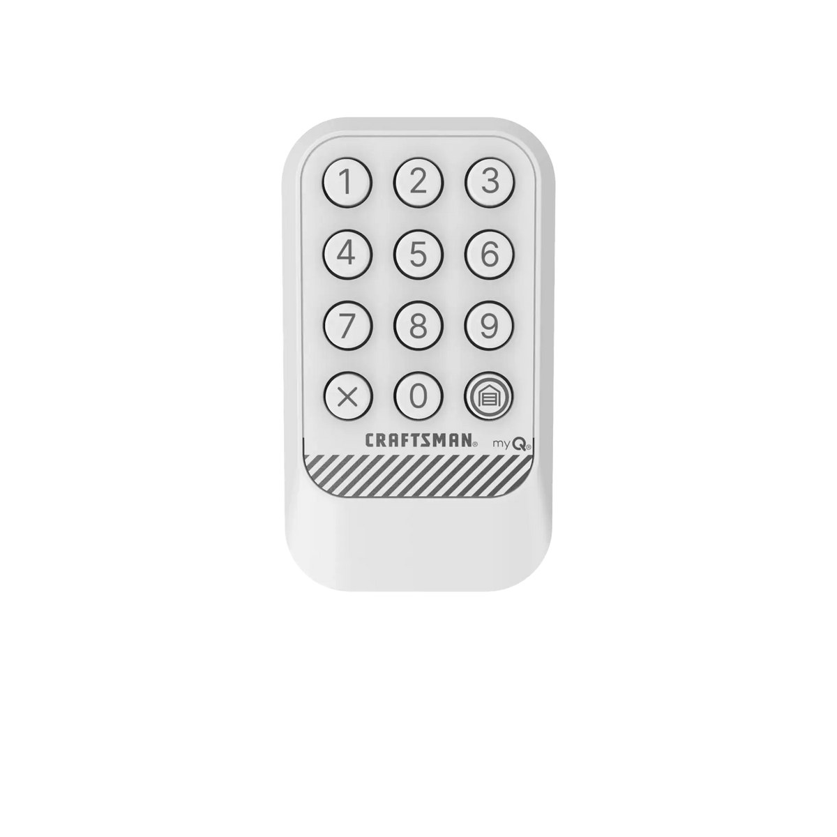 Craftsman CMX348 wireless keypad for garage door, white, front angle, photo on white background.