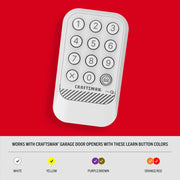 Photo of CRAFTSMAN wireless garage door keypad CMX348 with white casing and number pad on red background.
