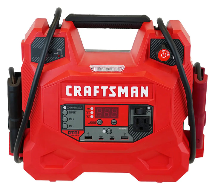 Front angle photo of CRAFTSMAN CMXCESM256 red portable power station with handle and control panel.