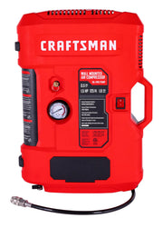 Front angle photo of Craftsman wall mounted air compressor CMXECXA0250541, red casing, pressure gauge visible.