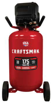 Front view photo of CRAFTSMAN CMXECXM331 red vertical air compressor with wheels, 33 gallon, 175 max PSI.