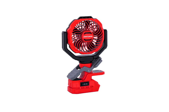 Photo of Craftsman portable clip-on fan CMXEFXA520402, red and black, front angle on white background.