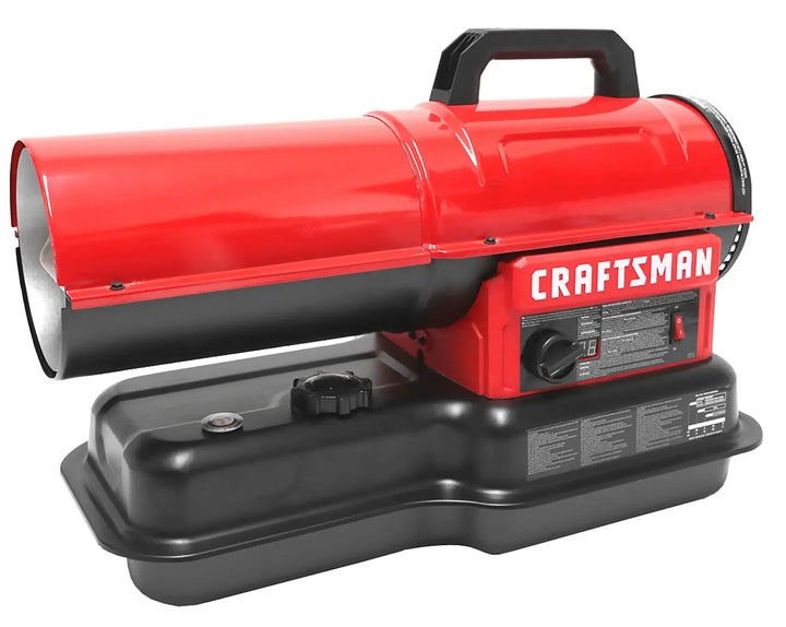 Photo of Craftsman forced air heater CMXEHAO80FAK, red and black, side angle on white background.