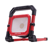 Photo of Craftsman LED work light CMXELAYMPL1026 with red and black frame, front angle, white background.