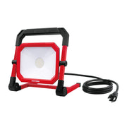 Photo of Craftsman LED work light with cord, red and black frame, front angle, CMXELAYMPL1028.