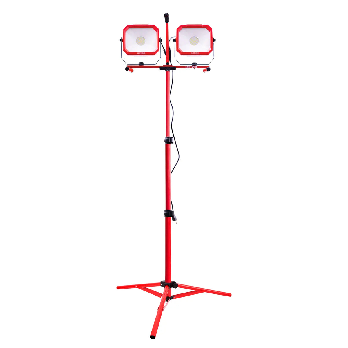Photo of Craftsman dual-head red LED work light on tripod stand, SKU CMXELAYMPL1029, front angle, white background.