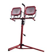 Photo of Craftsman dual LED work light on tripod stand, red frame, front angle, SKU CMXELAYMPL1029.