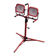 Photo of Craftsman dual-head LED work light model CMXELAYMPL1029 on tripod stand, front angle.