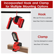 Photo of CRAFTSMAN work light CMXELAYMPL1070 with hook on pipe and clamp on wood, showing mounting options.