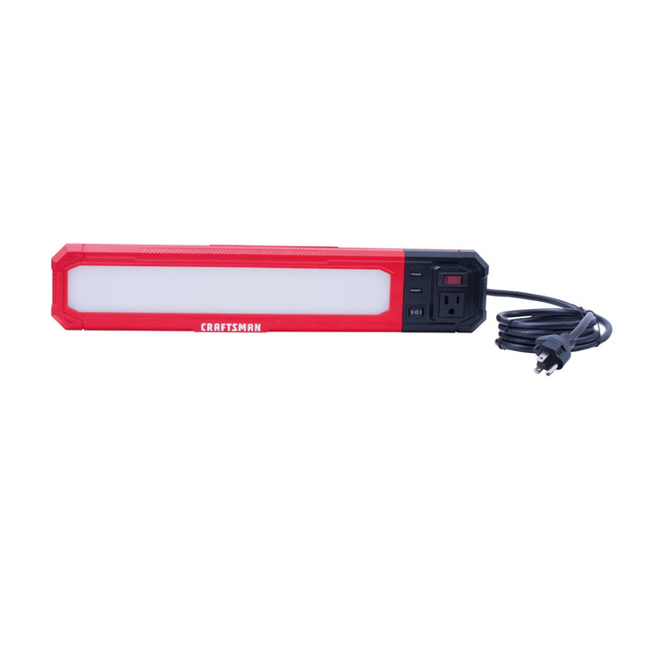 Photo of Craftsman LED work light CMXELAYMXL2089, red rectangular body, power outlets, front angle.