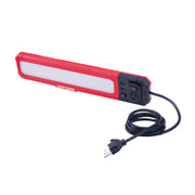 Photo of Craftsman CMXELAYMXL2089 red LED work light with power outlets and USB ports, angled on white background.