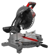 Photo of Craftsman miter saw CMXEMAX69434503, gray and red, side angle, with dust bag and cutting guide.