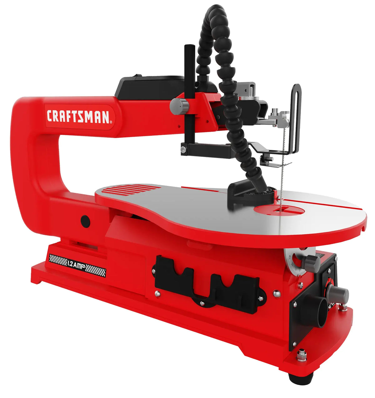 A red Craftsman scroll saw with a flat worktable, adjustable arm, flexible dust blower tube, and various controls for detailed wood cutting.