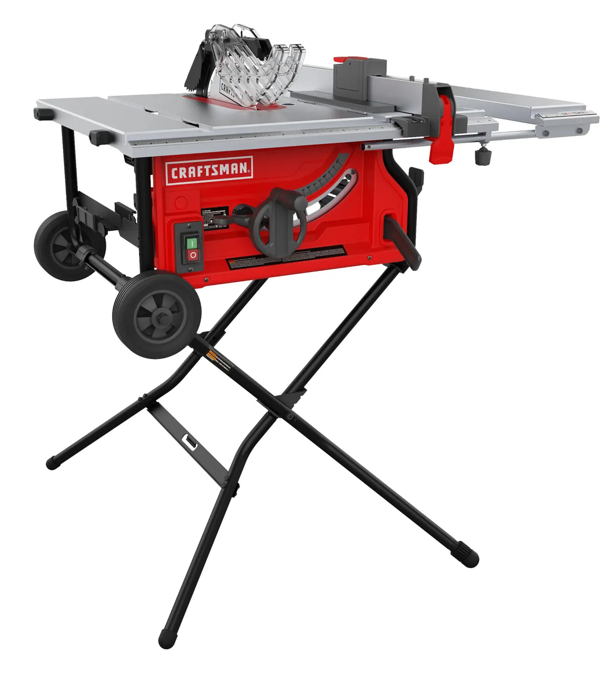 Photo of Craftsman CMXETAX69434506 red portable table saw with stand, wheels, and blade guard, angled view.