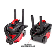 Craftsman wet/dry vacuum CMXEVBE17040, red and black, front and rear angle, showing accessory storage.