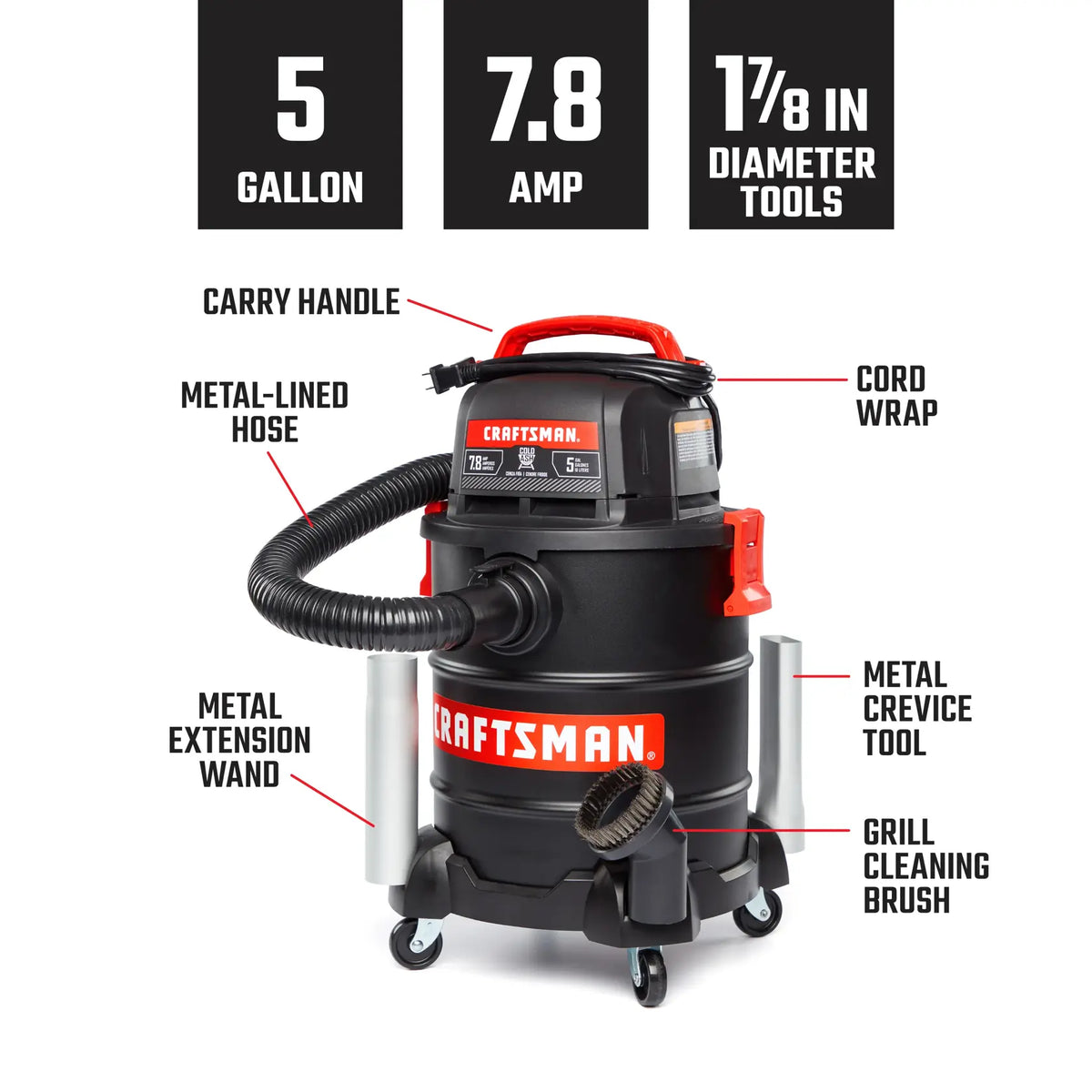 CRAFTSMAN 5-gallon shop vacuum with accessories, labeled features, wheels, and 7.8 amp power rating shown.
