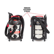 Craftsman wet/dry vacuum CMXEVBE17155 front and rear view, chrome body, hose, onboard accessory storage.