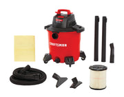Photo of Craftsman wet/dry vacuum CMXEVBE17590 with red canister, hose, filter, dust bag, attachments, and extension wands.