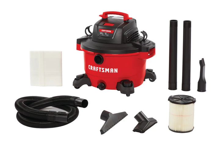 Photo of Craftsman wet/dry vacuum CMXEVBE17594 with accessories, hose, filters, and nozzle attachments, front angle.