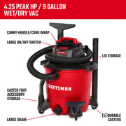 Craftsman CMXEVBE18590 wet/dry vacuum, red 9 gallon, front angle on white. Large hose, caster storage.