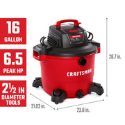 Photo of Craftsman wet/dry vacuum CMXEVBE18595, red/black, 16-gallon, 6.5 peak HP, white background, front angle.