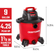 Photo of Craftsman red wet/dry vacuum CMXEVBE18690, 9-gallon, 4.25 peak HP, front angle on white background.