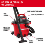 Photo of Craftsman wet/dry vacuum, red with black top, CMXEVBE18695, 6.5 HP, 16-gallon, side angle on white.
