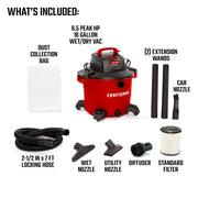 Photo of Craftsman CMXEVBE18695 wet/dry vac set with dust bag, hose, nozzles, wands, diffuser, and filter on white.
