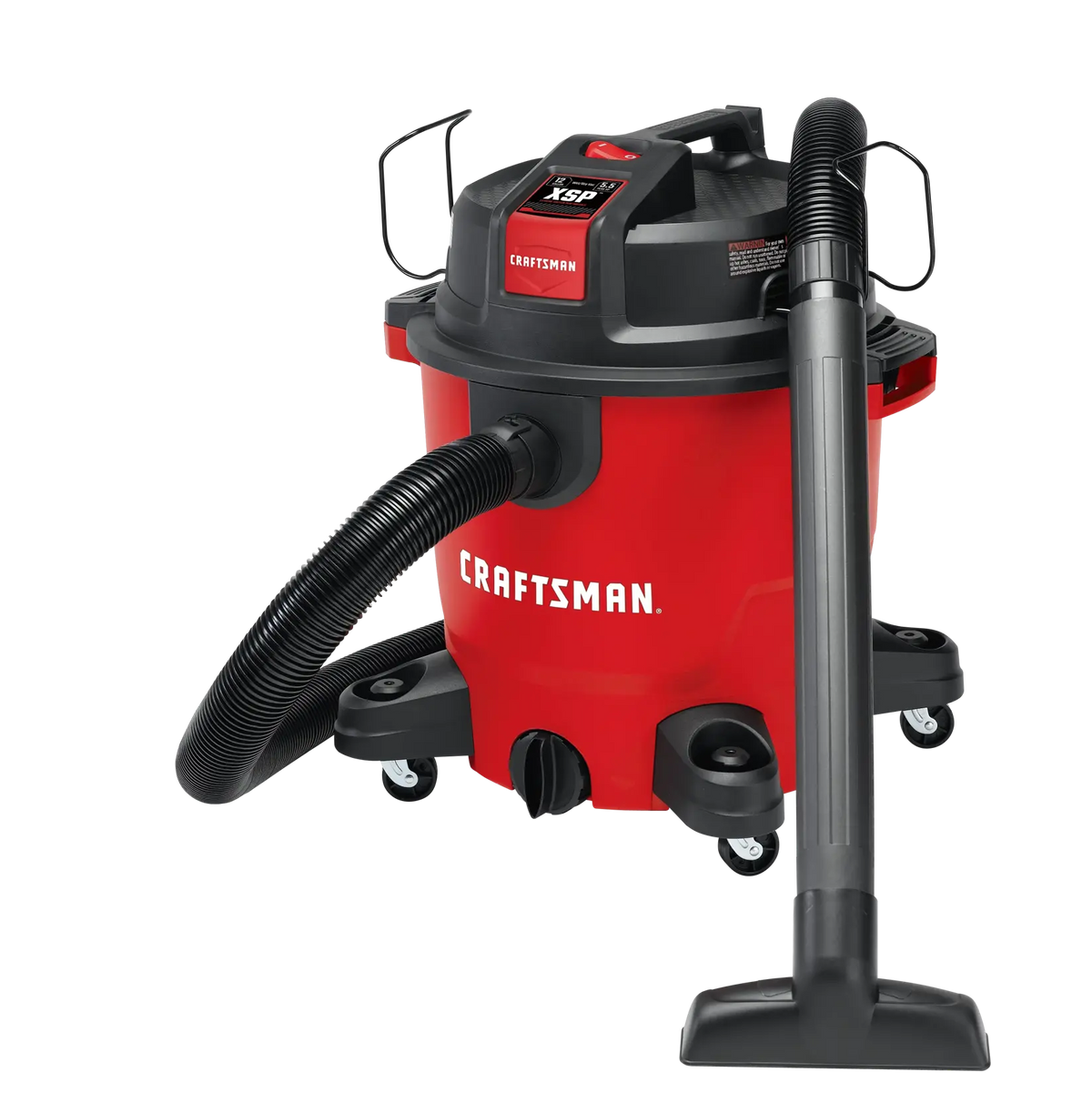 Photo of Craftsman wet/dry vacuum CMXEVCVVJH1211, red drum body, black hose, floor nozzle, white background.