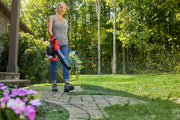 Photo of a person using a CRAFTSMAN leaf blower CMXGAAM204101 outdoors on a stone walkway in a garden.