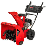 Photo of CRAFTSMAN CMXGBAM213101 red snow blower with wide auger, black engine, and sturdy tires, front angle on white background.