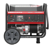 Front view of a Craftsman portable generator with wheels. The generator has a red branded panel, power outlets, CO alert indicator, and is labeled with 6000 running watts and 7500 starting watts.