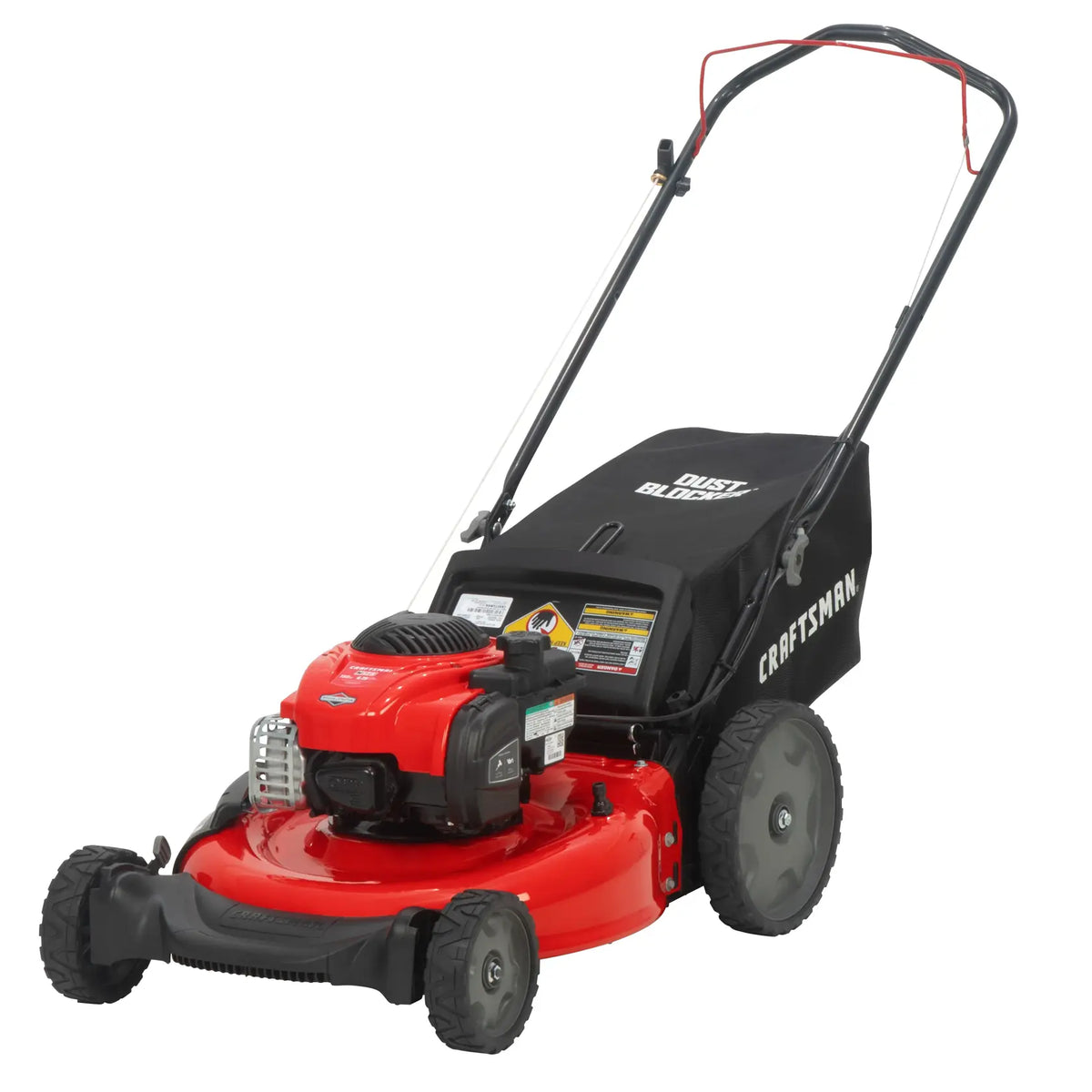 Craftsman CMXGMAM221101 gas-powered walk-behind lawn mower with red deck, rear collection bag, and Dust Blocker, side angle.