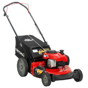 Craftsman CMXGMAM221101 red gas-powered lawn mower with rear bag, side angle on white.