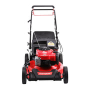 Front view of a red Craftsman lawn mower with a black handle and wheels, featuring a visible engine and a grass collection