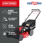 A CRAFTSMAN branded self-propelled lawn mower featuring a 140cc Briggs & Stratton engine. The mower has a 21-inch cutting path and offers six positions for cutting height. It is proudly made in the USA with global materials and has a black and red design.