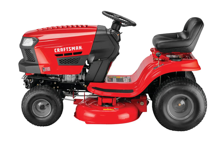 Craftsman red riding lawn mower CMXGRAM1130036 side view, black seat, large wheels, white background.