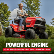Photo of Craftsman T100 riding lawn mower, SKU CMXGRAM201302, red color, used outdoors on grass.